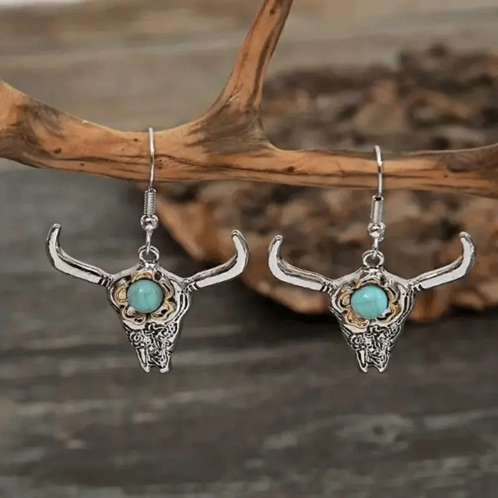 Western Cowboy Turquoise Longhorn Bull Steer Head Dangle Earrings